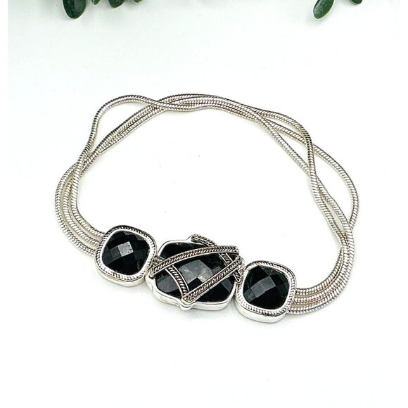 Napier Silver-Tone Multi-Strand Bracelet With Black Resin gems Accents stretch - Picture 1 of 4